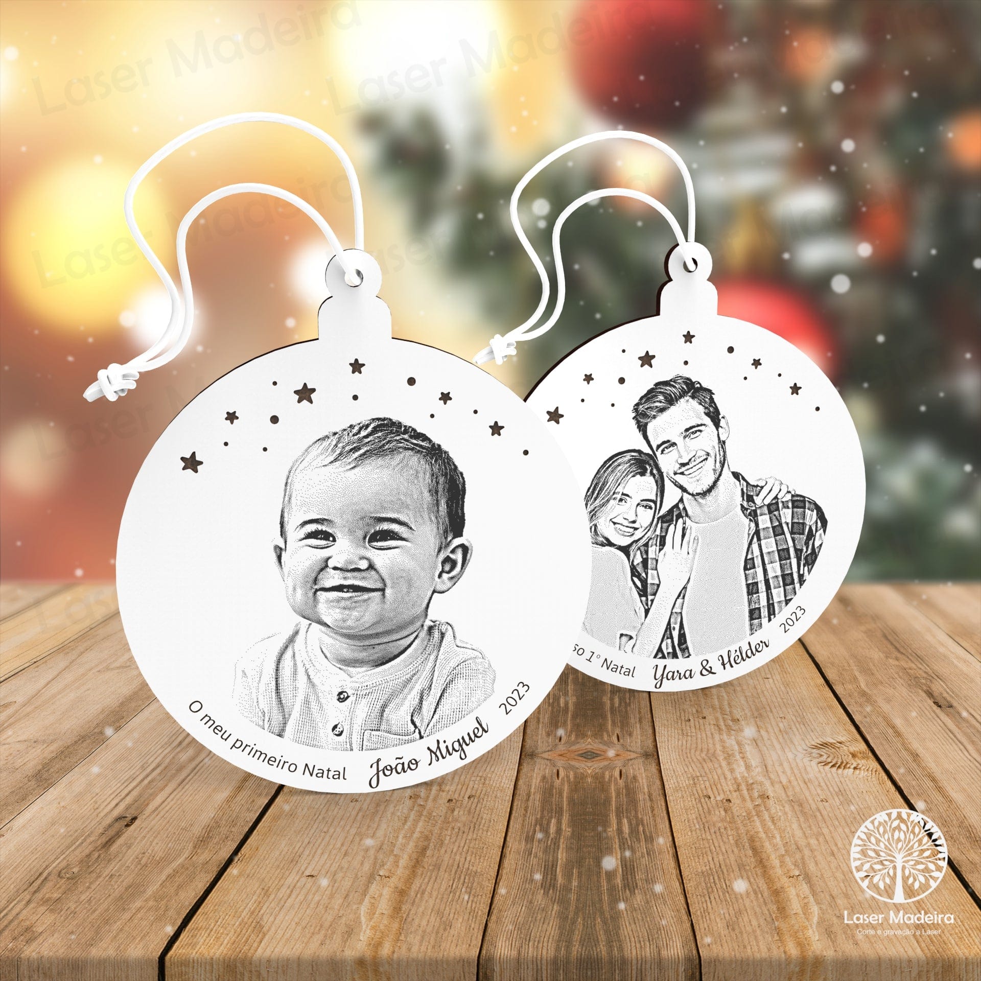 Bola de Natal Personalizada com Fotogravação - Laser Madeira